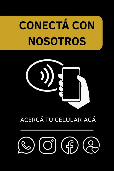 Exhibidor Conectá con nosotros, con íconos de WhatsApp, Instagram, Facebook y contacto