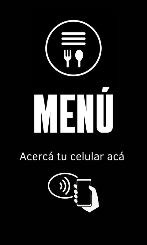 Exhibidor de mesa versión menú: ícono de menú, la palabra Menú y el texto Acercá tu celular acá