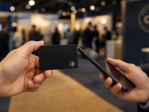Tarjeta de presentación negra con NFC acercada a un celular en una feria de negocios